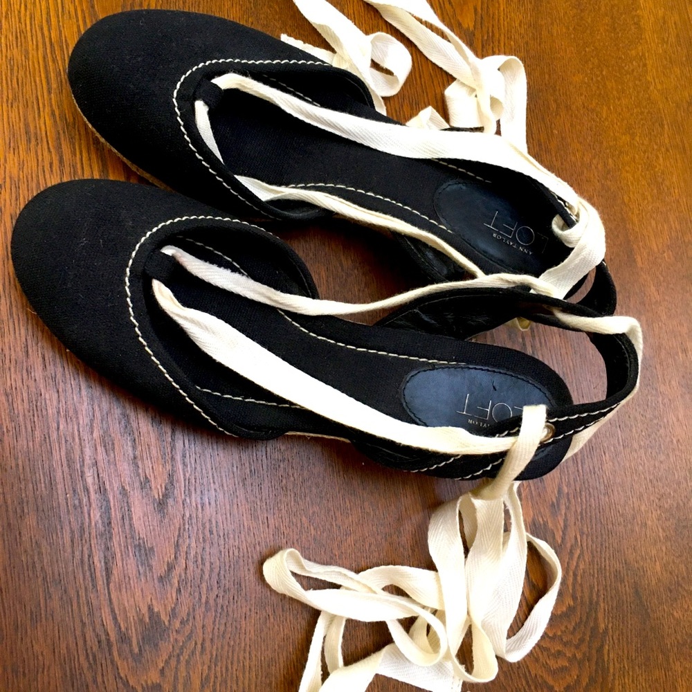 LOFT black canvas w/cream stitch espadrille ballet w/cream tie wedge.Barely worn